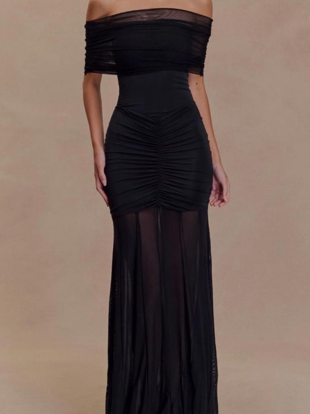 Off-Shoulder Black Mesh Ruched Maxi Dress